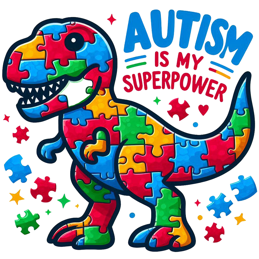 Colorful AUTISM DINOSAUR graphic celebrates autism pride with a fun puzzle design, perfect for raising awareness.